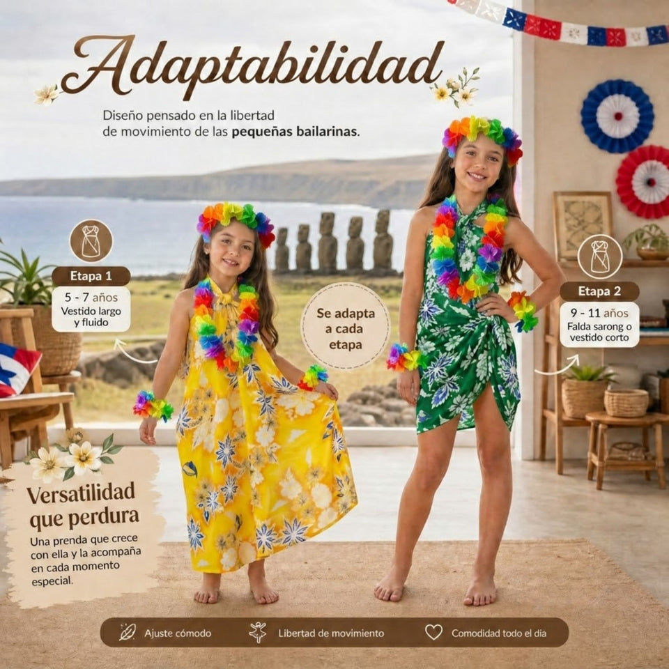 Pack 6 Trajes Páscuense Pareo Hawaiano Surtido Niña Con Accesorios