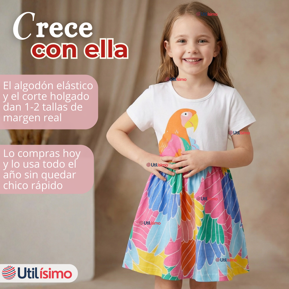 Vestido Manga Corta Casual Loro Multicolor Verano Niña 2 a 7 años