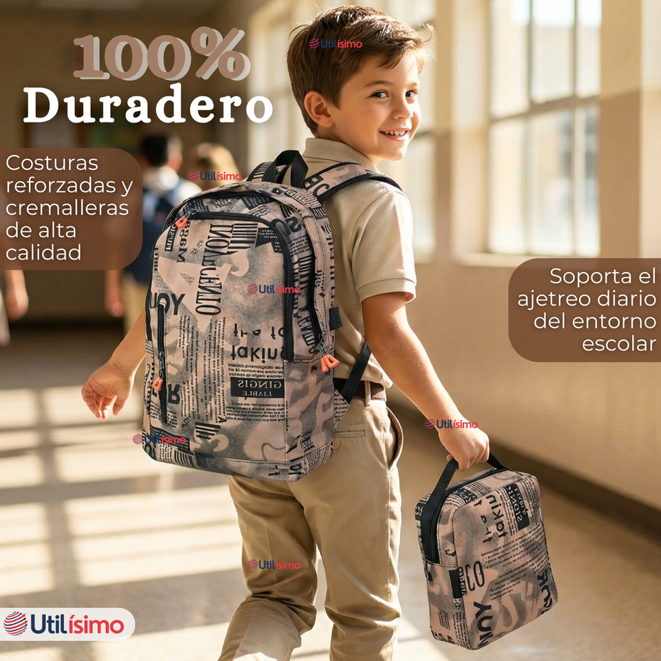 Mochila Escolar + Estuche + Lonchera 49cm Tela Oxford Cafe Claro Niño