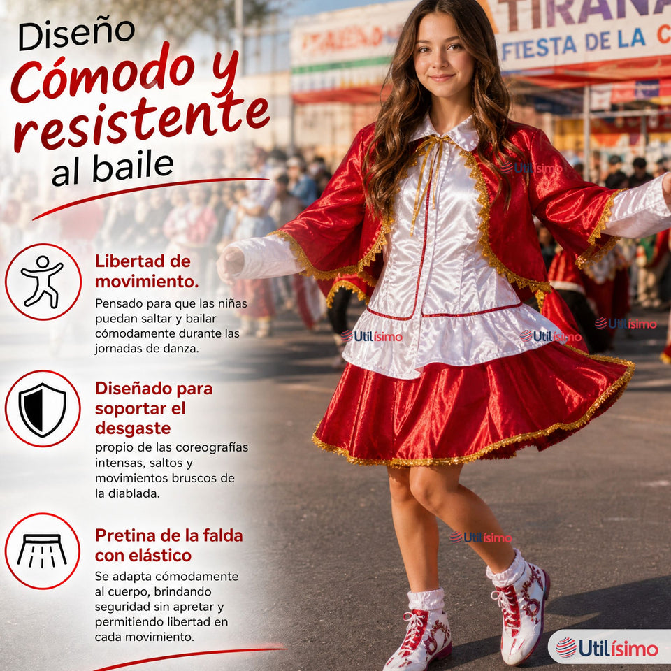 Traje Tirana Diablada Rojo 3 Piezas Adolescente Baile Típico Fiestas Patrias