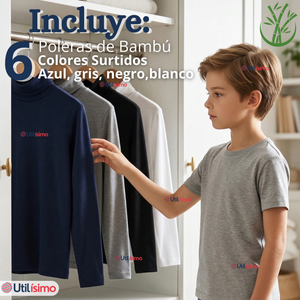 Pack 6 Camisetas Poleras Bambú Primera Capa Cuello Beatle Manga Larga Colores Surtidos Niño