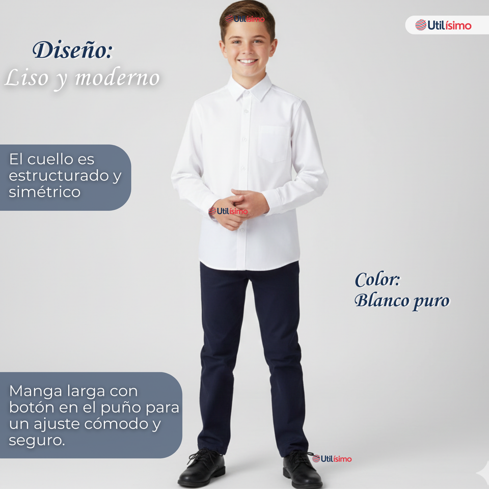 Pack 3 Camisas Colegio Escolar Manga Larga Niños y Juvenil