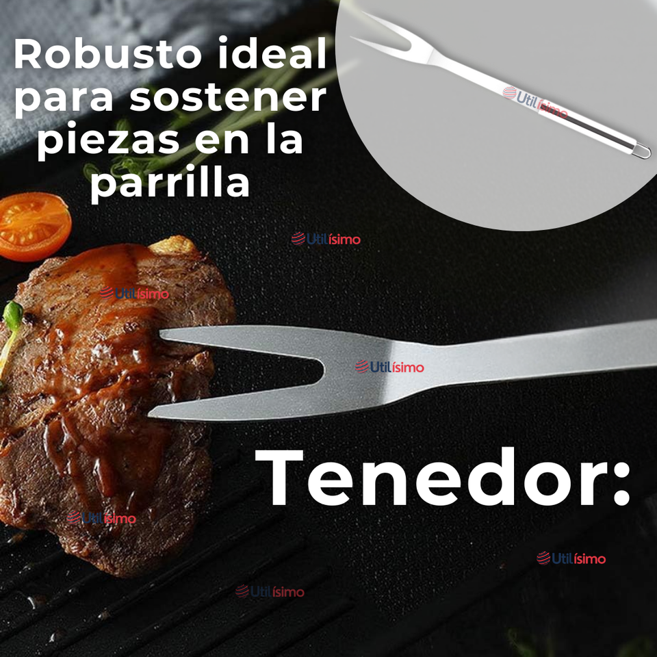 Kit Parrillero 3 Piezas Pinza Espátula Tenedor Para Asados Acero Inoxidable