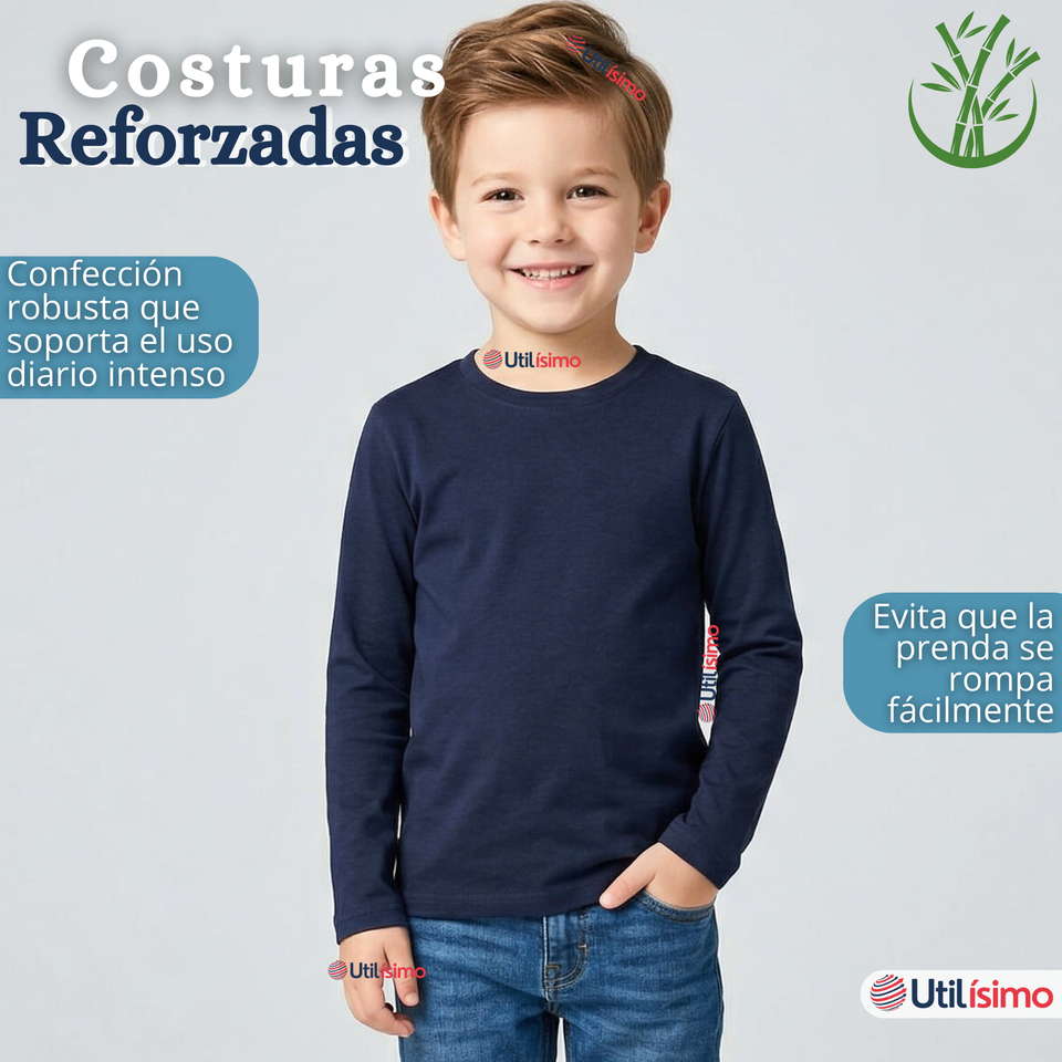 Pack 3 Poleras Camisetas Bambú Azul Oscuro Cuello Redondo Primera Capa Manga Larga Niño