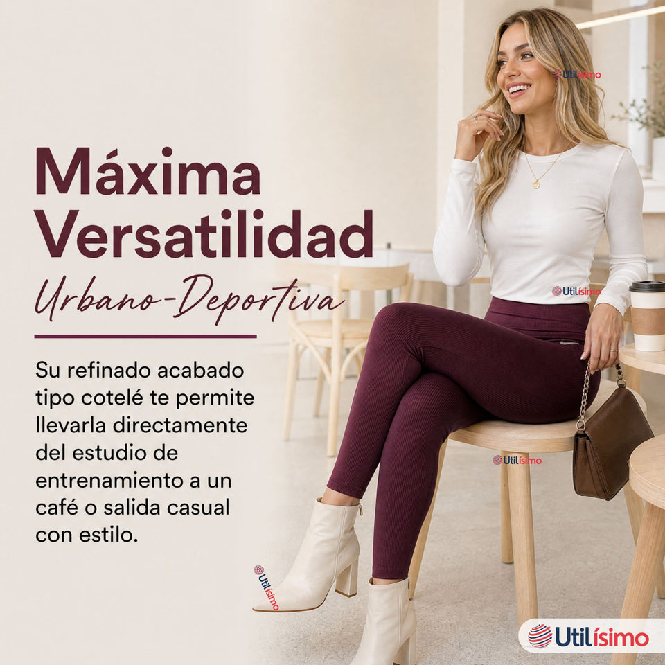 Calza Acanalada Cotelé Polar Con Chiporro Térmica Mujer Elásticada Burdeo