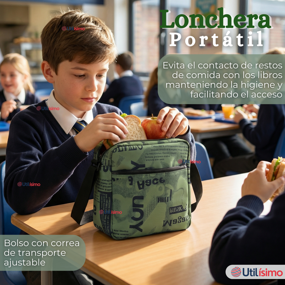 Mochila Escolar + Estuche + Lonchera 49cm Tela Oxford Verde Militar Niño