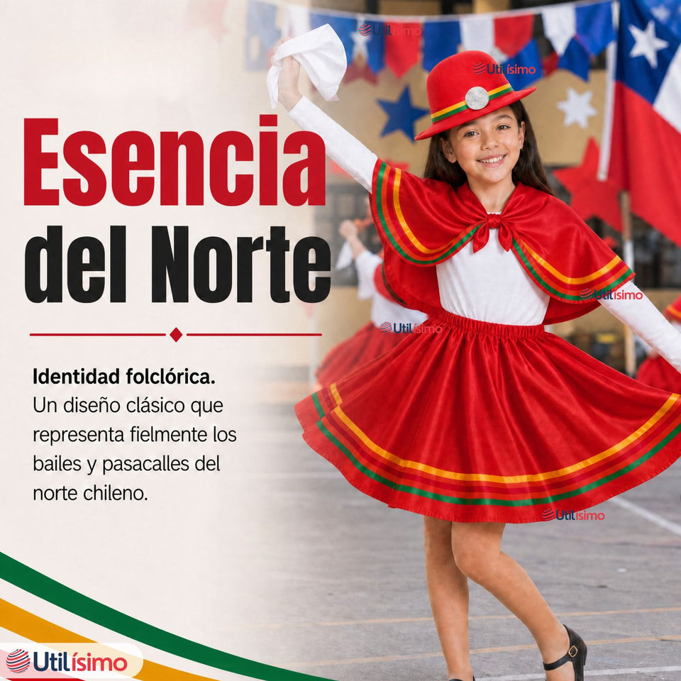 Traje Nortino Niña Rojo 4 Piezas Con Polera Baile Típico Fiestas Patrias