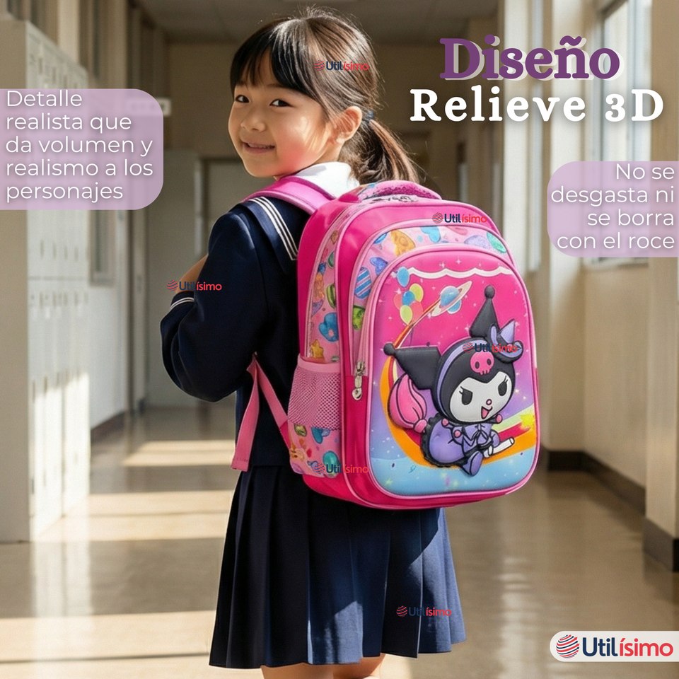 Mochila Escolar Kuromi 3D Con Ruedas Desmontable + Estuche + Lonchera Poliéster Rosa Niña