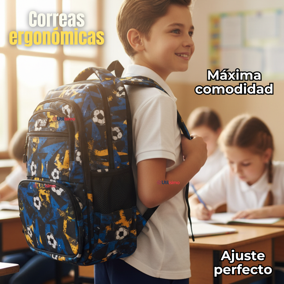 Mochila Escolar Kit Con Estuche y Lonchera 45cm Tela Oxford Futbol Niño