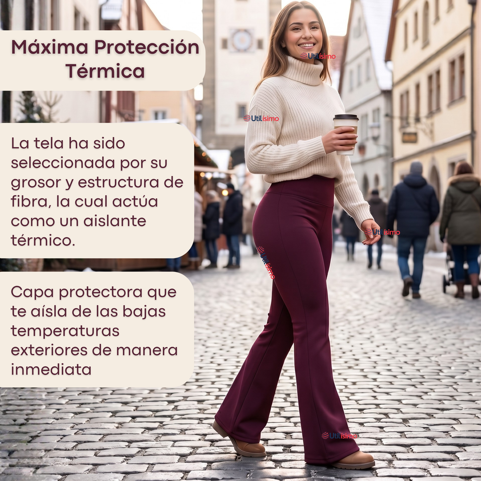 Calza Polar Con Chiporro Palazzo Mujer Elasticada Térmica Burdeo