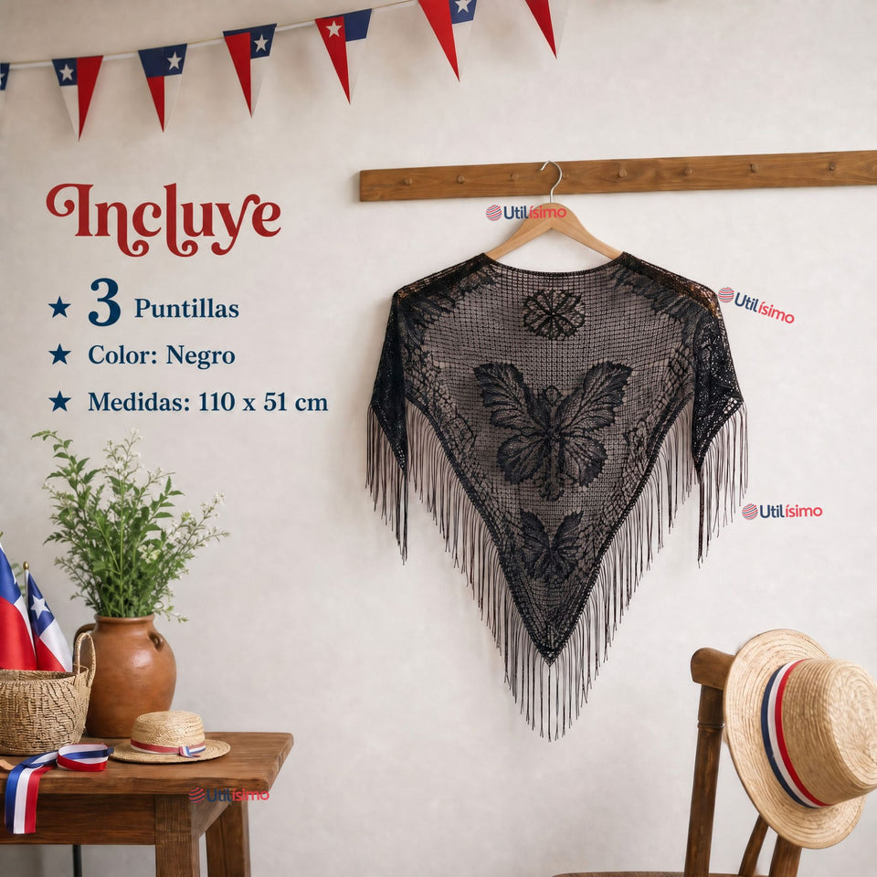 Pack 3 Puntillas Chales Traje Típico Baile Chilote Mujer Negro 110x51cm