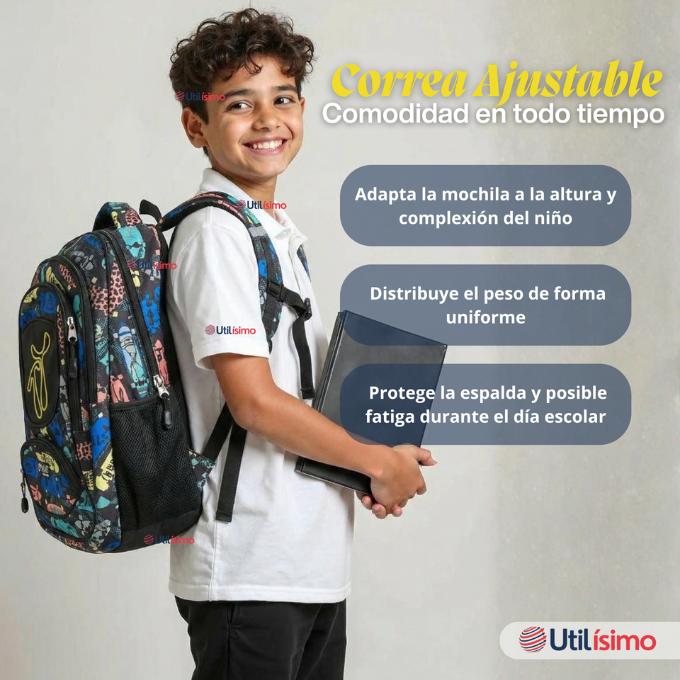 Mochila Escolar Bolso Con Estuche 43Cm Tela Oxford Niño Happy Skate