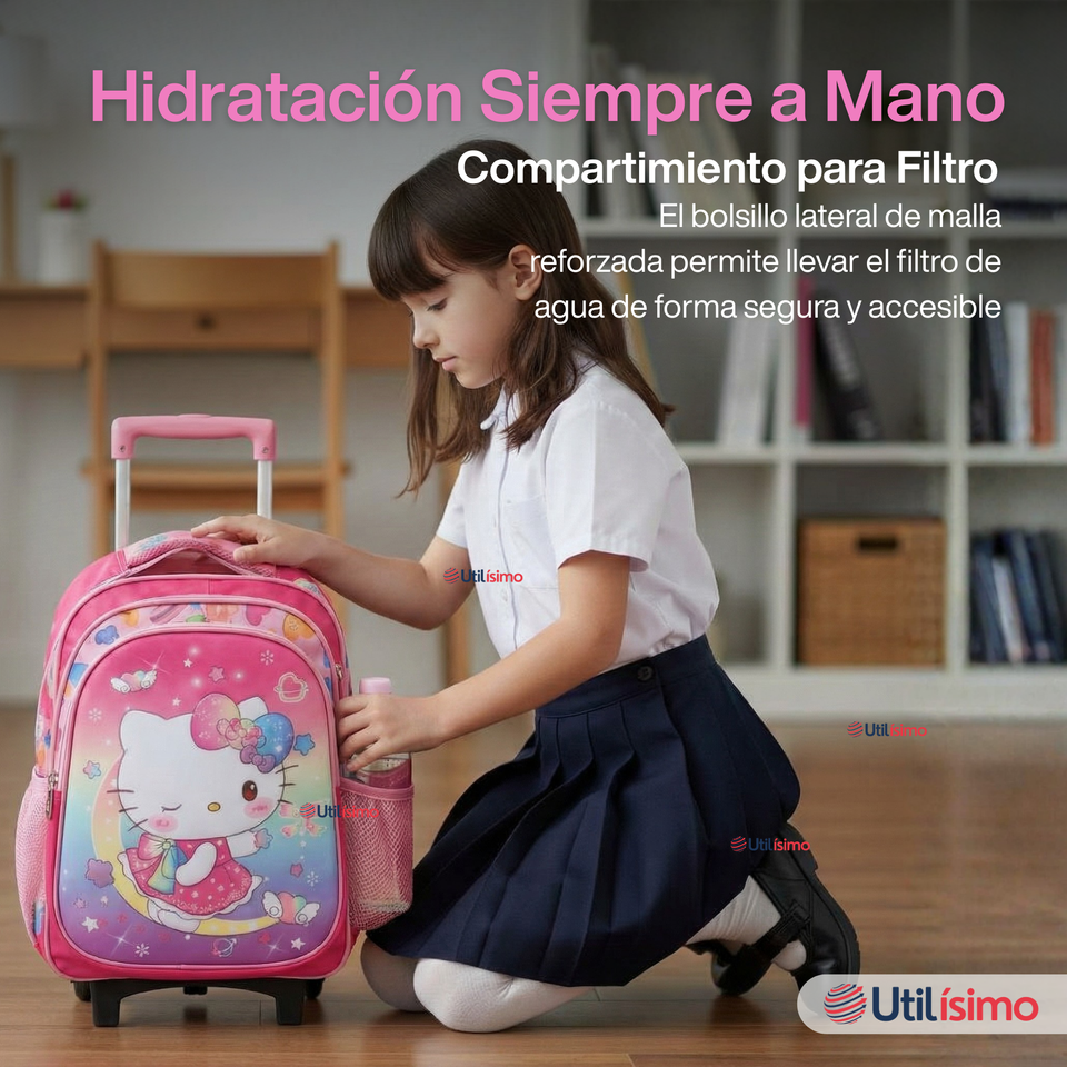 Mochila Escolar Hello Kitty Dreams Con Ruedas Desmontables + Estuche + Lonchera Niña Poliéster