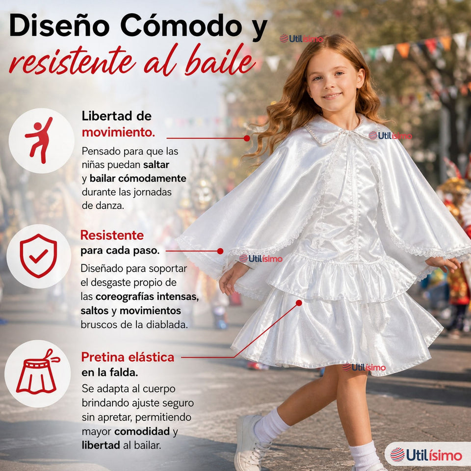 Traje Tirana Diablada Blanco 3 Piezas Niña Baile Típico Fiestas Patrias