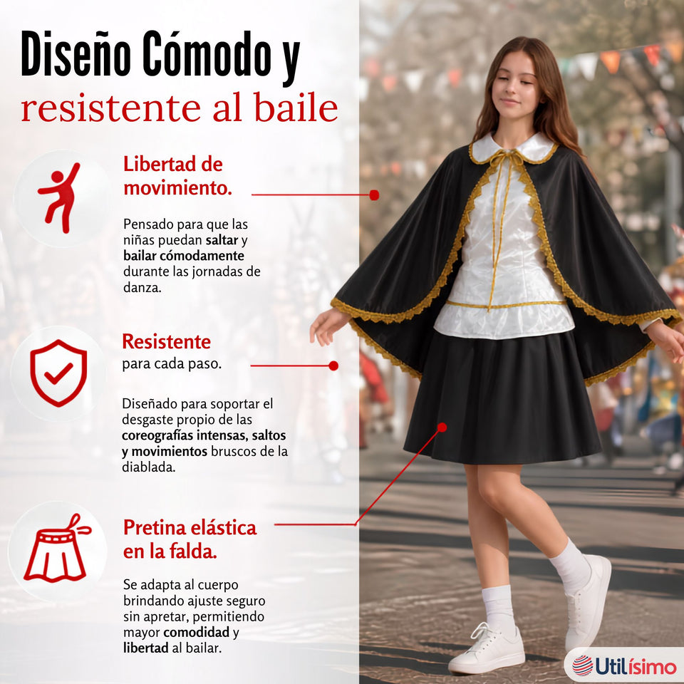 Traje Tirana Diablada Negro 3 Piezas Juvenil Baile Típico Fiestas Patrias