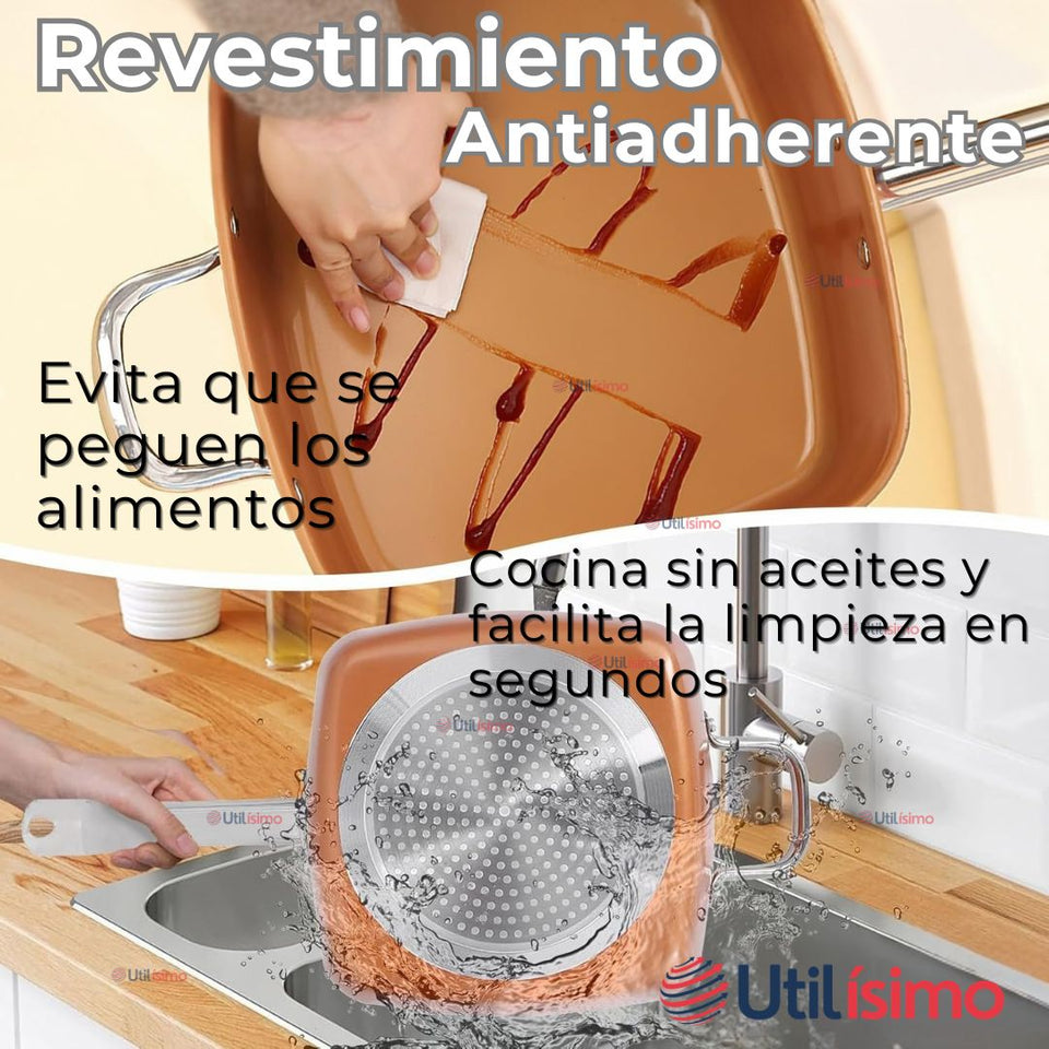 Sartén Antiadherente De Cobre Multiuso 3 en 1 Cesta Para Freír Vaporera