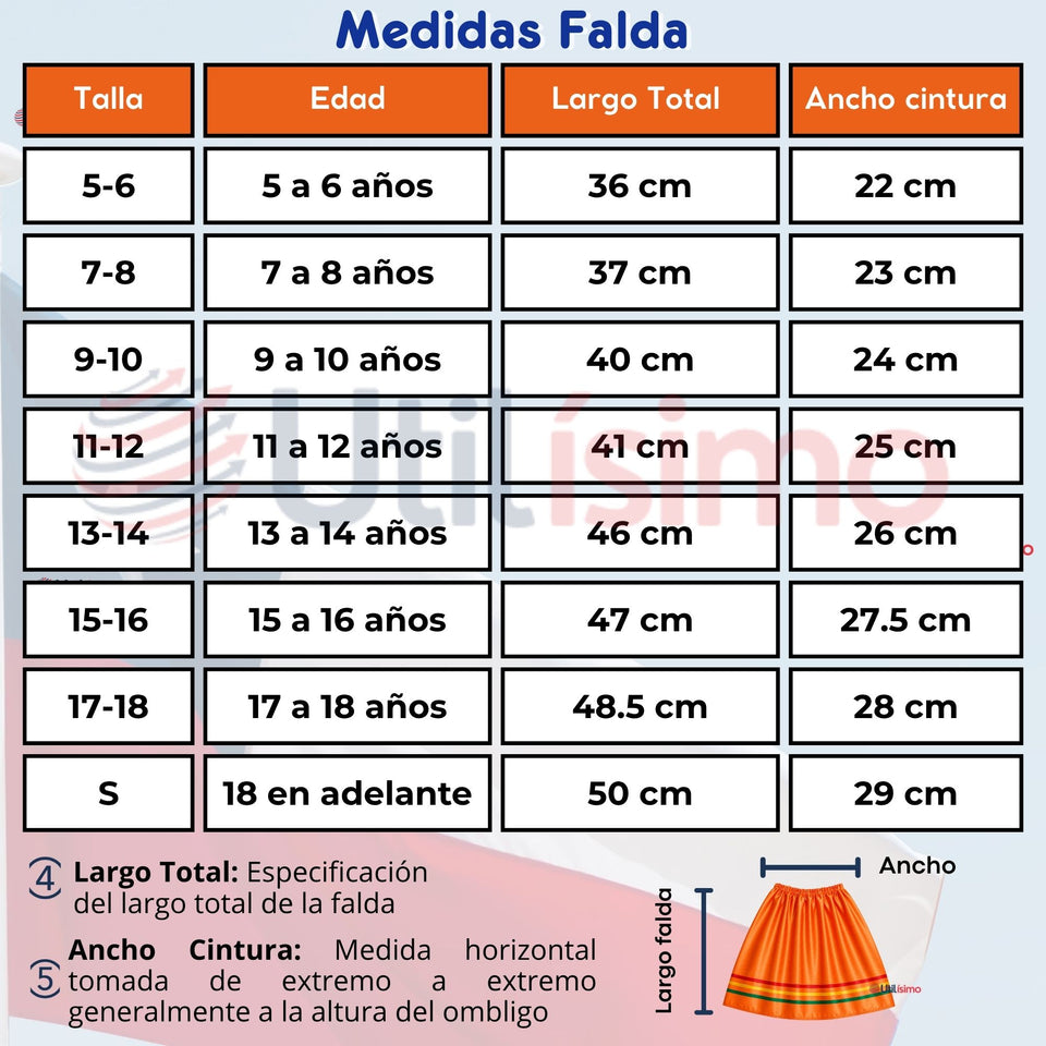 Pack 3 Trajes Nortinos Niña Naranja 4 Piezas Con Poleras Baile Típico Fiestas Patrias