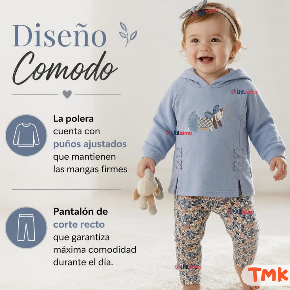 Conjunto 2 Piezas Polerón y Pantalón Buzo 100% Algodón Bebé Niña Tedmimak Blue girl