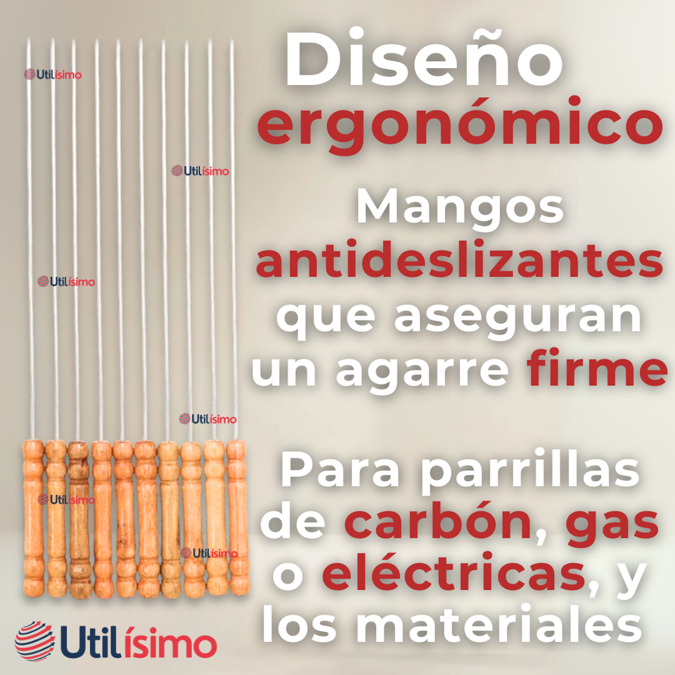 Pack 12 Pinchos De 30cm Para Anticuchos Brochetas Asados Mango De Madera