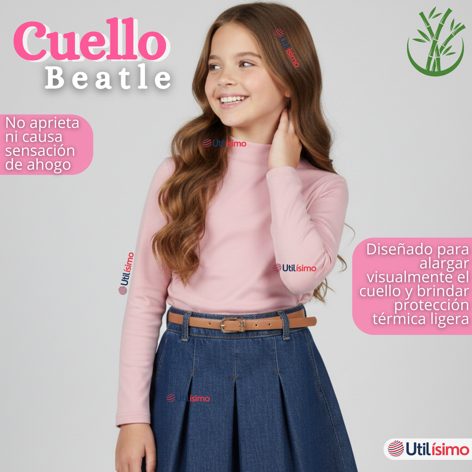 Pack 3 Poleras Camisetas Bambú Cuello Beatle Primera Capa Rosado Claro Manga Larga Niña