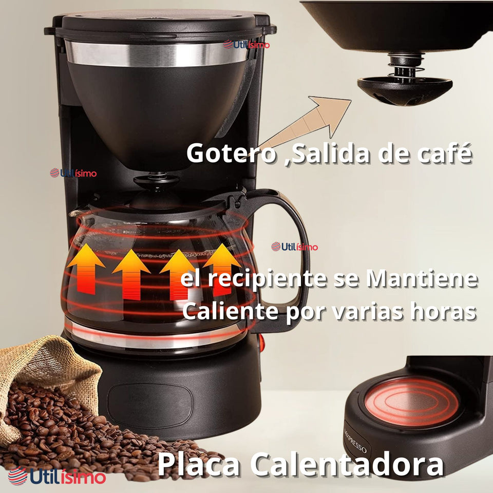 Cafetera Eléctrica 6 Tazas 600W de Potencia Con Filtro Reutilizable