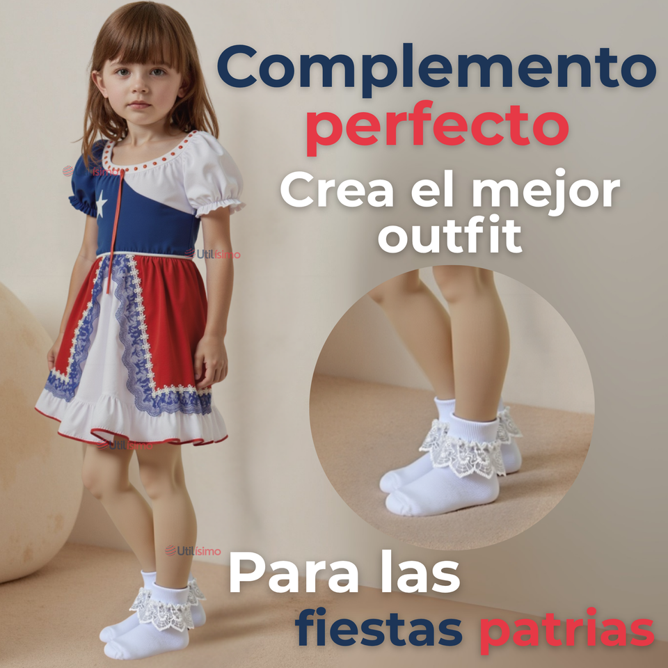 Par De Calcetines Con Vuelo Blanco Niña Algodón Fiestas Patrias De 3 Meses a 10 años