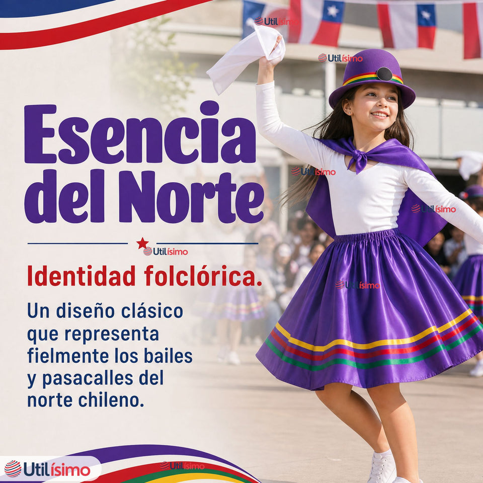 Pack 3 Trajes Nortinos Niña Morado 4 Piezas Con Poleras Baile Típico Fiestas Patrias