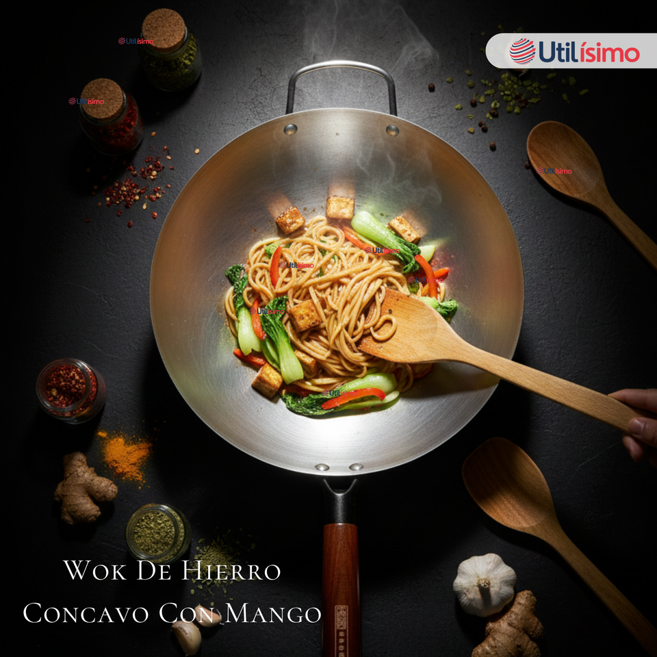 Sartén Wok De Hierro Concavo Con Mango 34cm Plateado