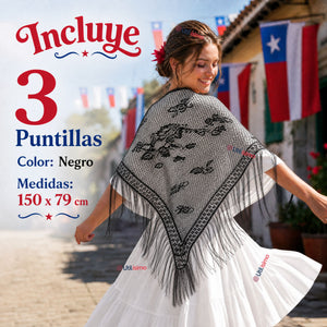 Pack 3 Puntillas Chal Negro Baile Chilote Mujer Traje Típico 150x79 cm