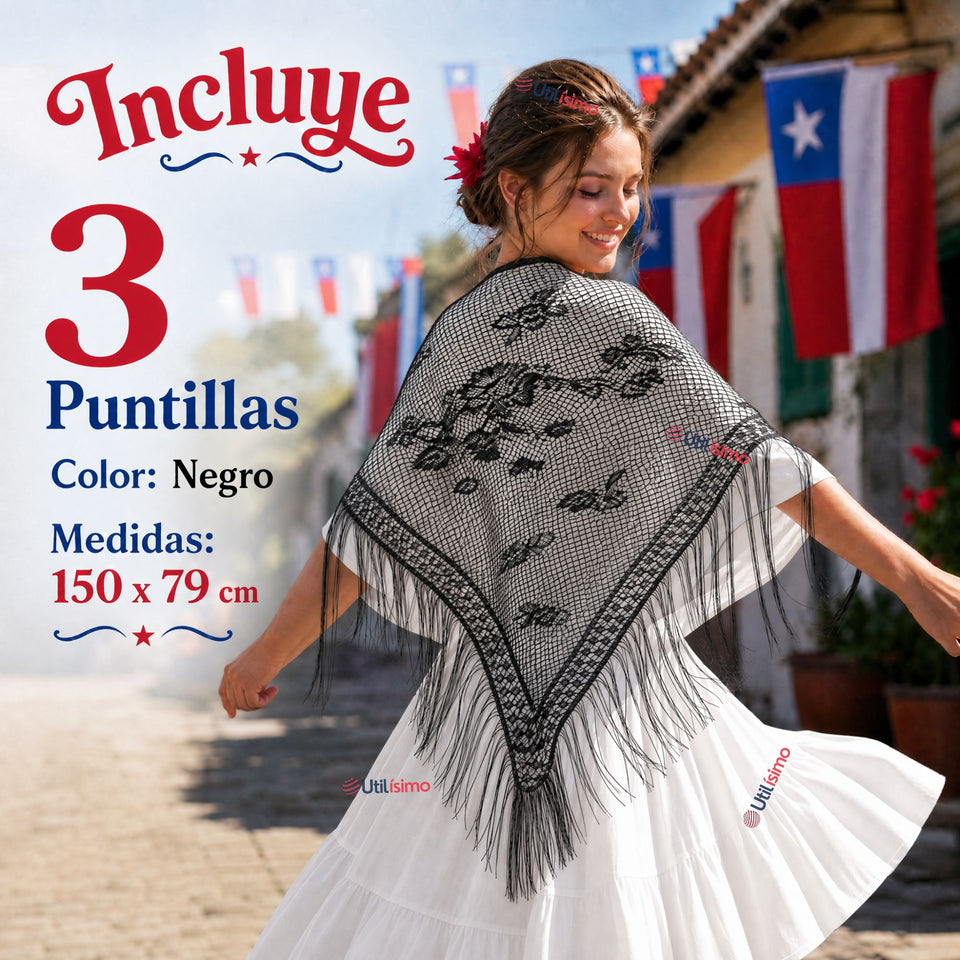 Pack 3 Puntillas Chal Negro Baile Chilote Mujer Traje Típico 150x79 cm