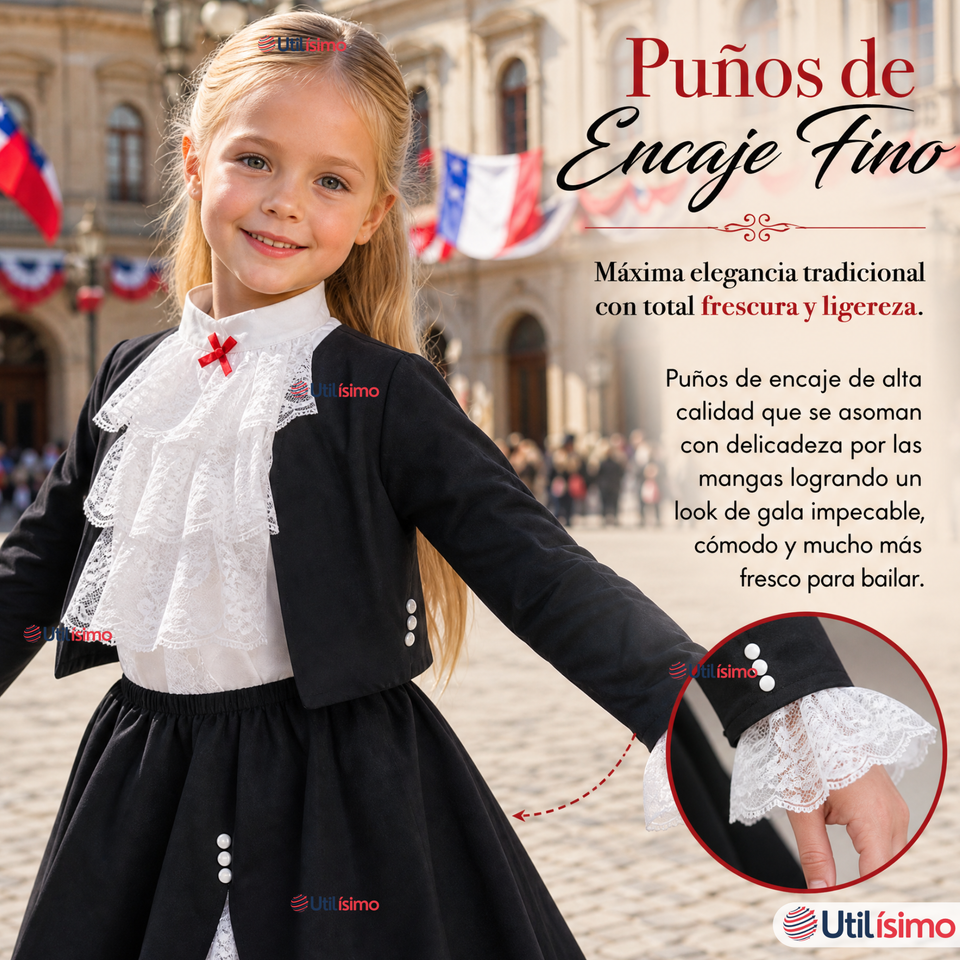 Traje Huasa Elegante NIña Conjunto 4 Piezas Tipico Fiestas Patrias