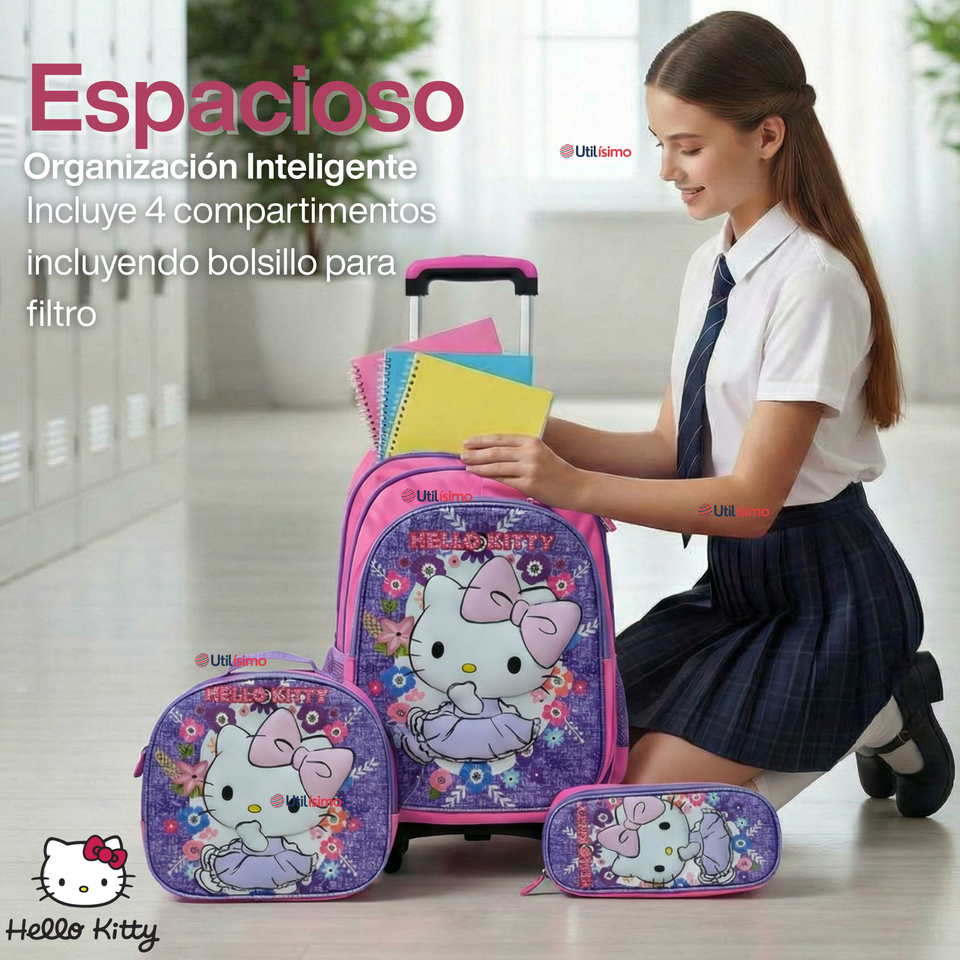 Mochila Escolar Hello Kitty Con Ruedas Desmontables + Estuche + Lonchera Niña Poliéster