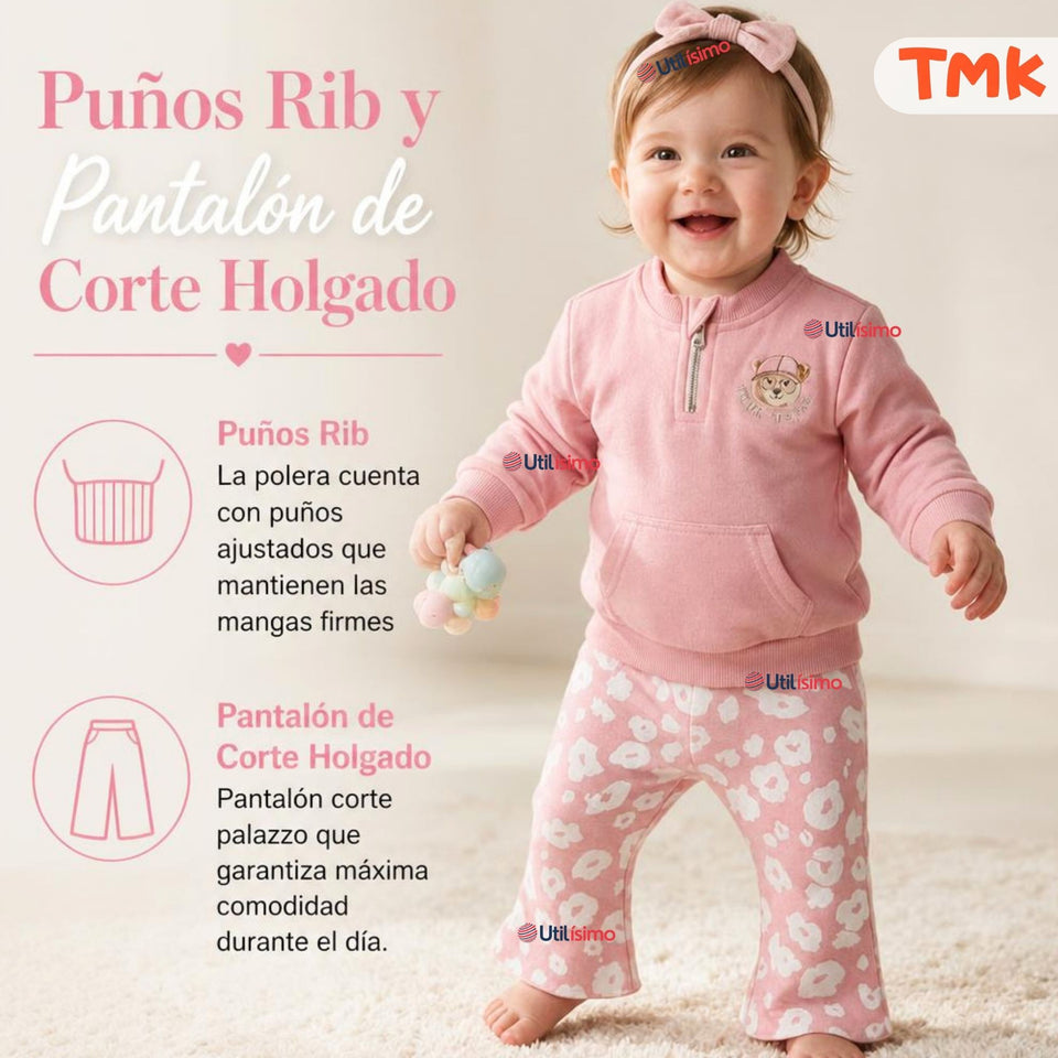Conjunto 2 Piezas Polerón y Pantalón Buzo 100% Algodón Bebé Niña Tedmimak Beautiful flowers