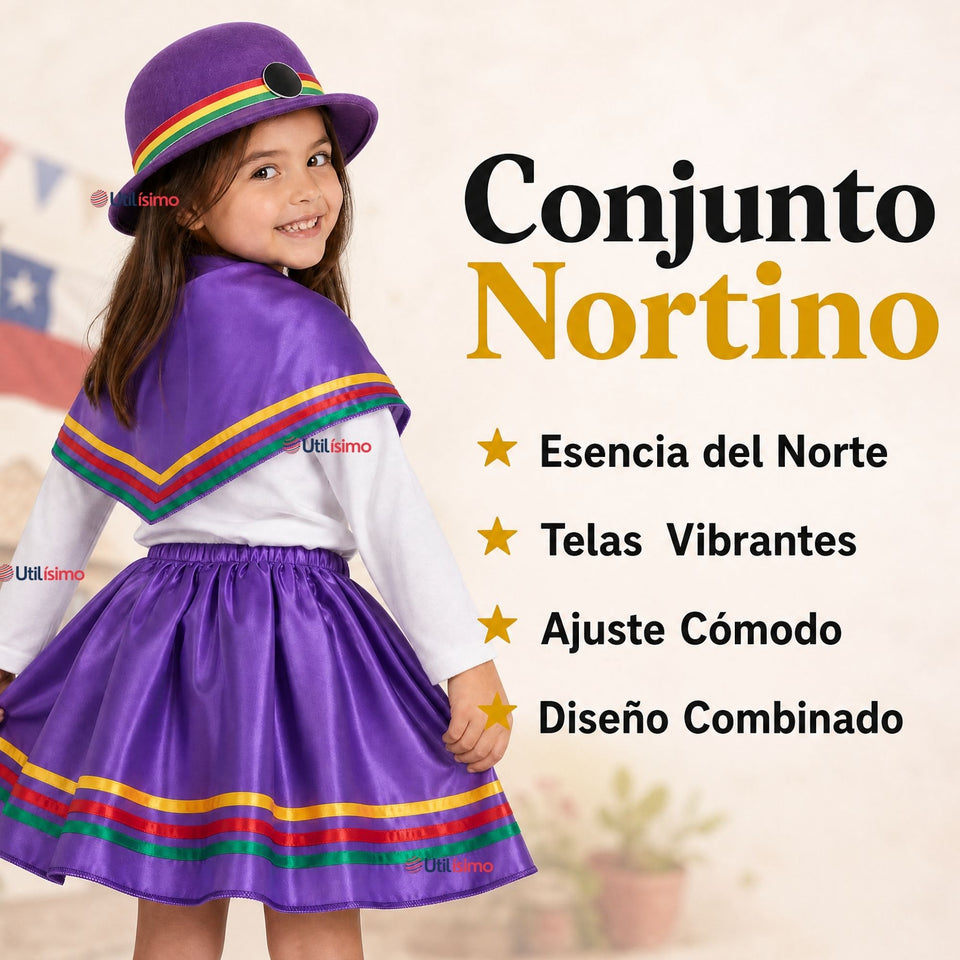 Pack 3 Trajes Nortinos Niña 3 Piezas Morado Baile Típico Fiestas Patrias