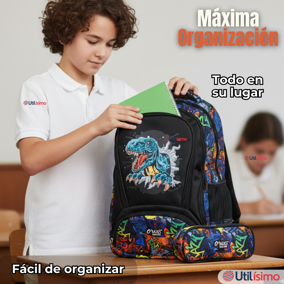 Mochila Escolar Kit Con Estuche y Lonchera 43cm Tela Oxford Dino Niño