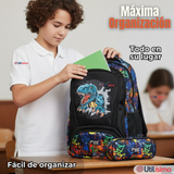 Mochila Escolar Kit Con Estuche y Lonchera 43cm Tela Oxford Dino Niño