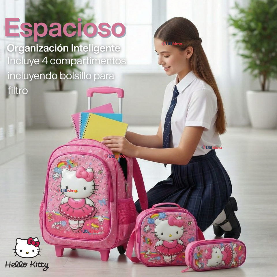 Mochila Escolar Hello Kitty Bailarina Con Ruedas Desmontables + Estuche + Lonchera Niña Poliéster