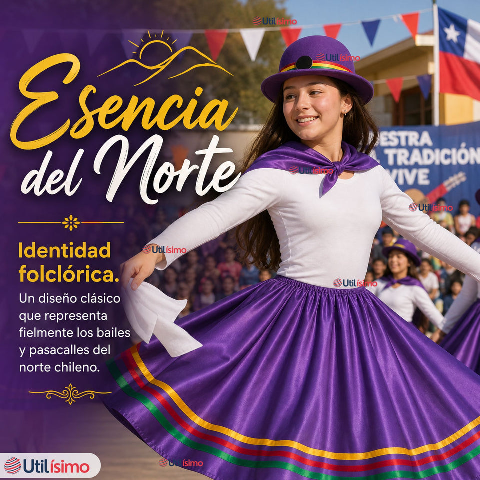 Traje Nortino Juvenil Con Polera 4 Piezas Morado Baile Típico Fiestas Patrias