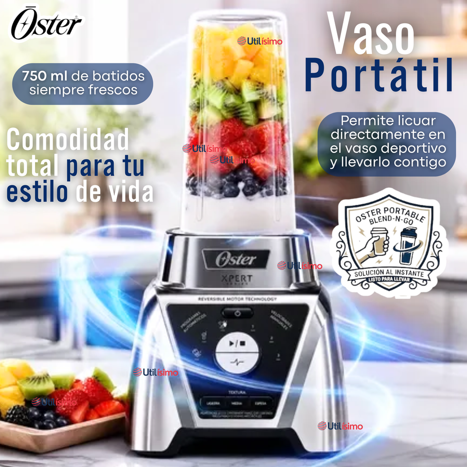 Licuadora Xpert Series™ niquelada con control de textura y un Blend N Go BLST3BCPG
