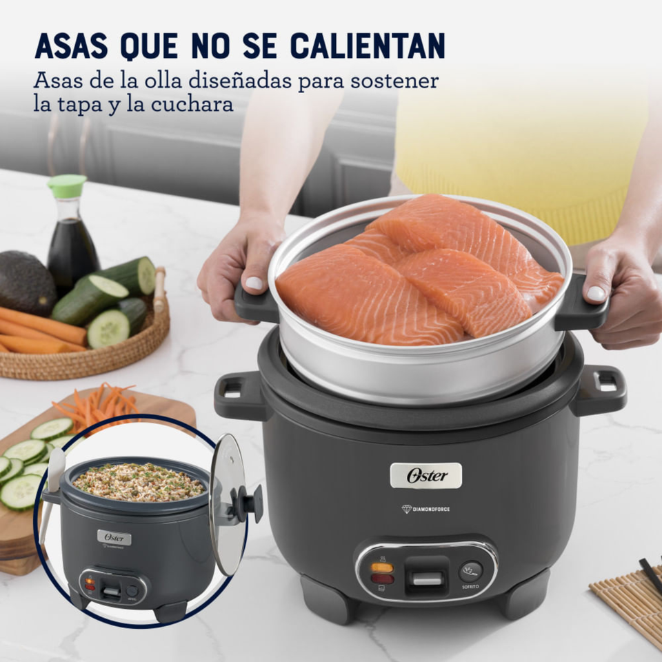 Oster Arrocera 3 en 1, 10 Tazas de Capacidad Función de Sofrito, Vaporera, Recubrimiento Antiadherente Oster DiamondForce, CKSTRC10DFSKE
