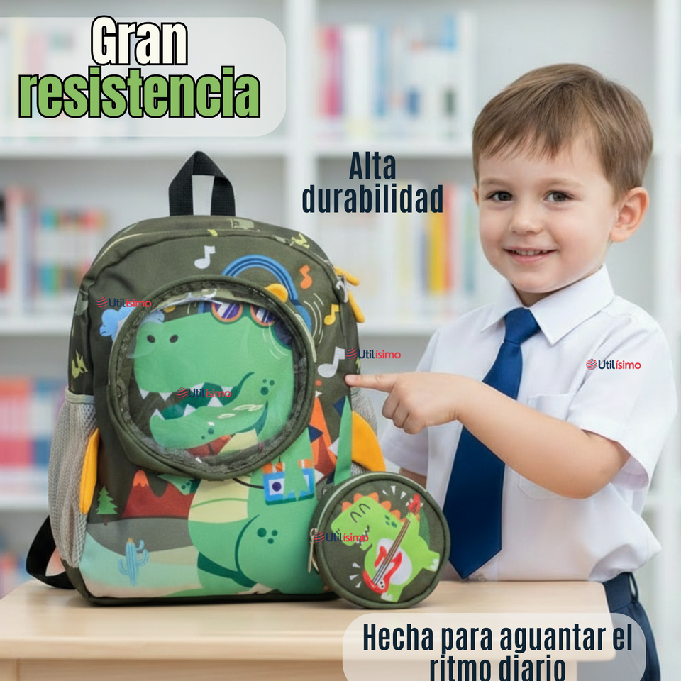 Mochila Escolar Con Estuche 33cm Poliéster Impermeable Dinosaurio Niño