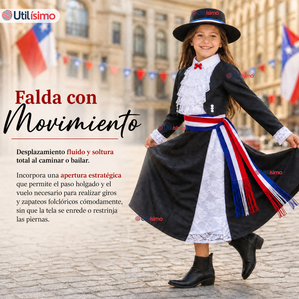 Traje Huasa Elegante NIña Conjunto 7 Piezas Tipico Fiestas Patrias