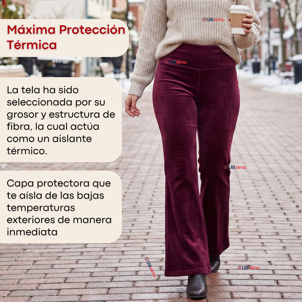 Pantalón Cotelé Palazzo Polar Con Chiporro Elasticado Térmico Burdeo