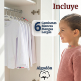 Pack 6 Camisetas Algodón Manga Larga Polera Primera Capa Blanco Niña
