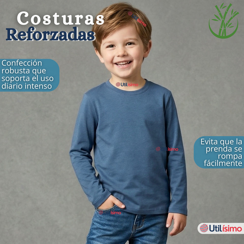 Pack 3 Poleras Camisetas Bambú Claro Oscuro Cuello Redondo Primera Capa Manga Larga Niño