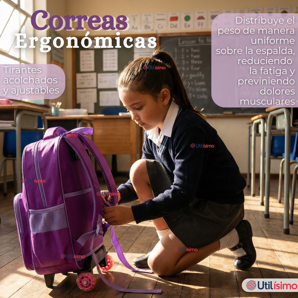 Mochila Escolar Con Ruedas + Estuche + Lonchera 46cm Desmontable Poliéster Morado Unicornio Niña