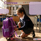 Mochila Escolar Con Ruedas + Estuche + Lonchera 46cm Desmontable Poliéster Morado Unicornio Niña