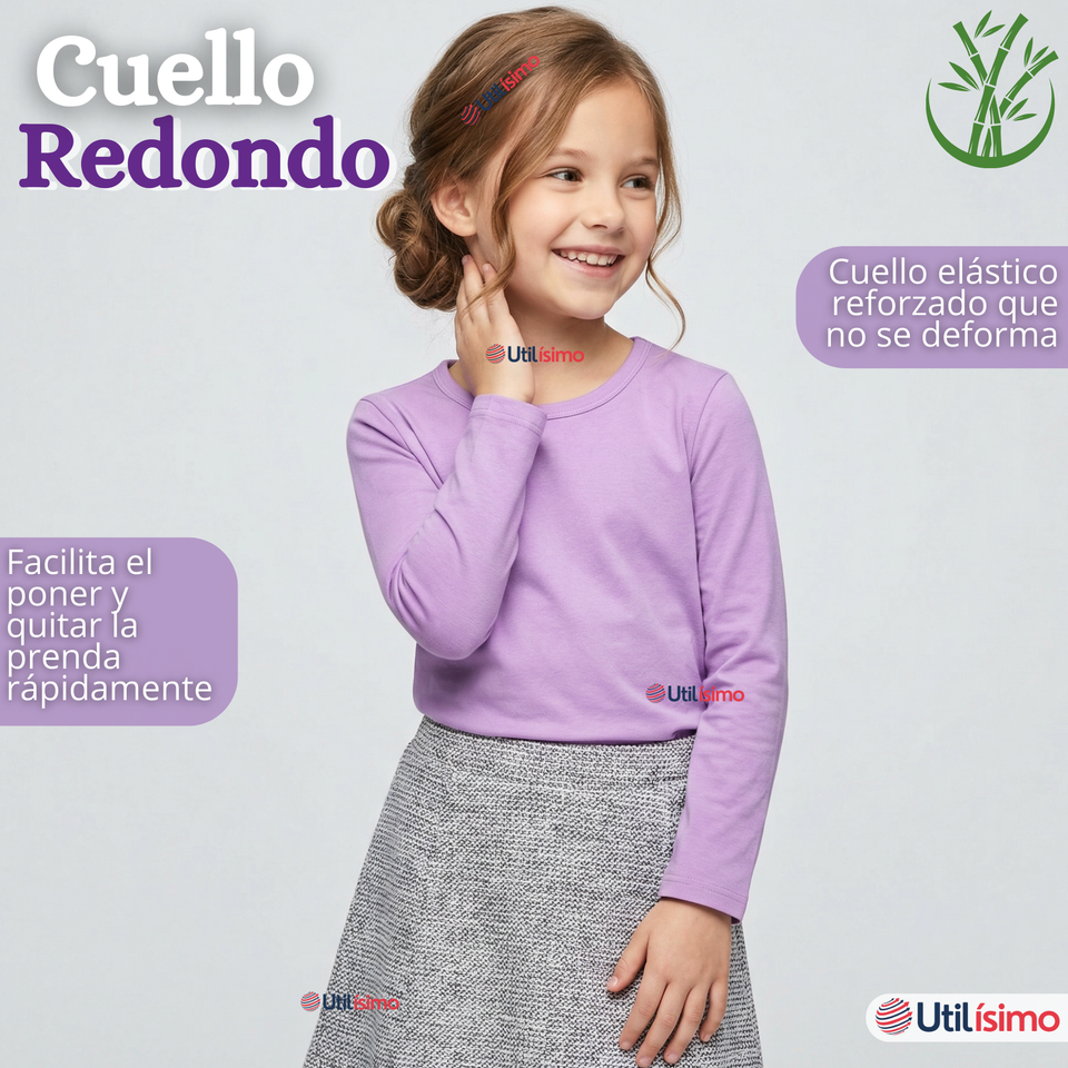 Camiseta Polera Bambú Cuello Redondo Lila Primera Capa Manga Larga Niña