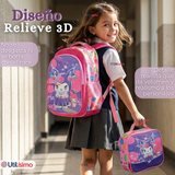 Mochila Escolar Kuromi 3D Con Ruedas Desmontable + Estuche + Lonchera Poliéster Rosa Niña