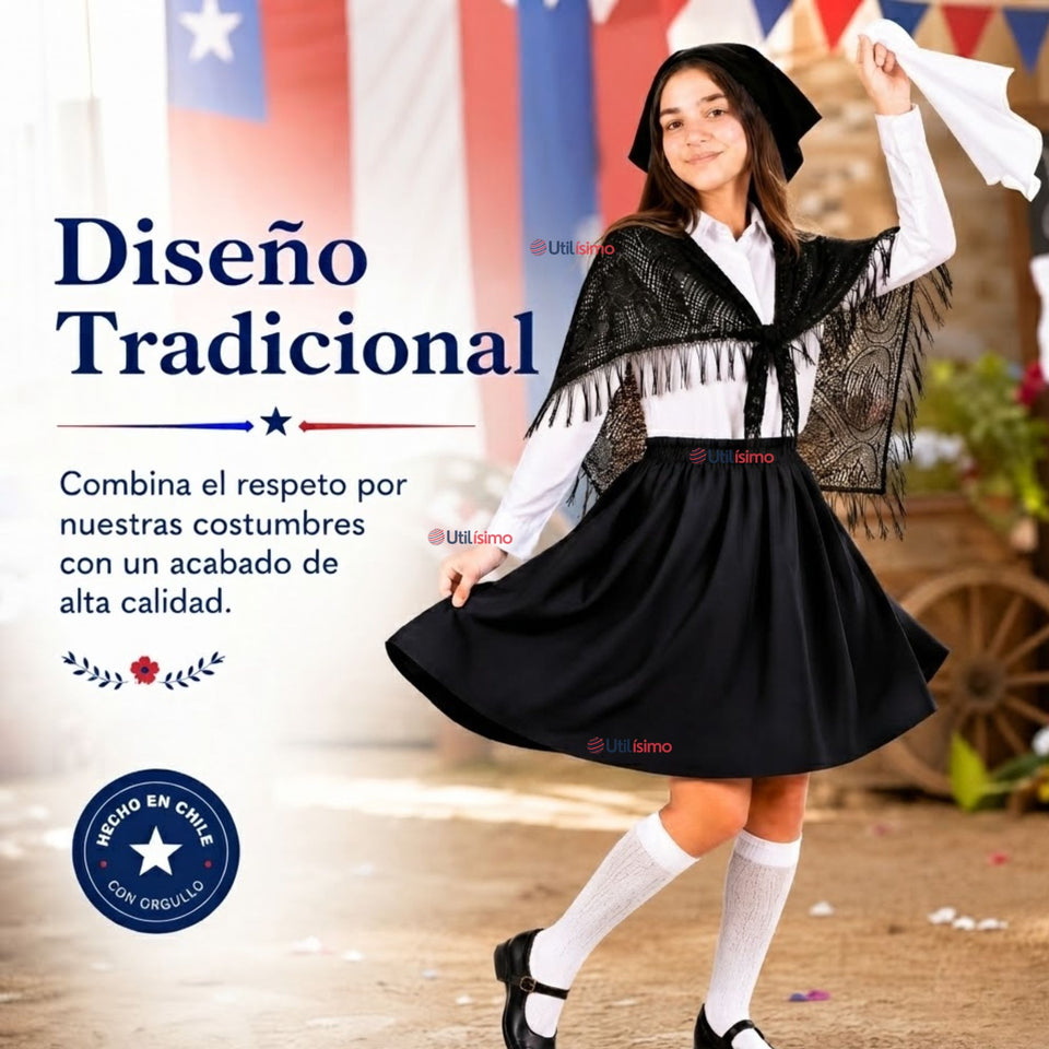 Traje Chilote Niña Negro Fiestas Patrias 3 Piezas Tradicional Chilota